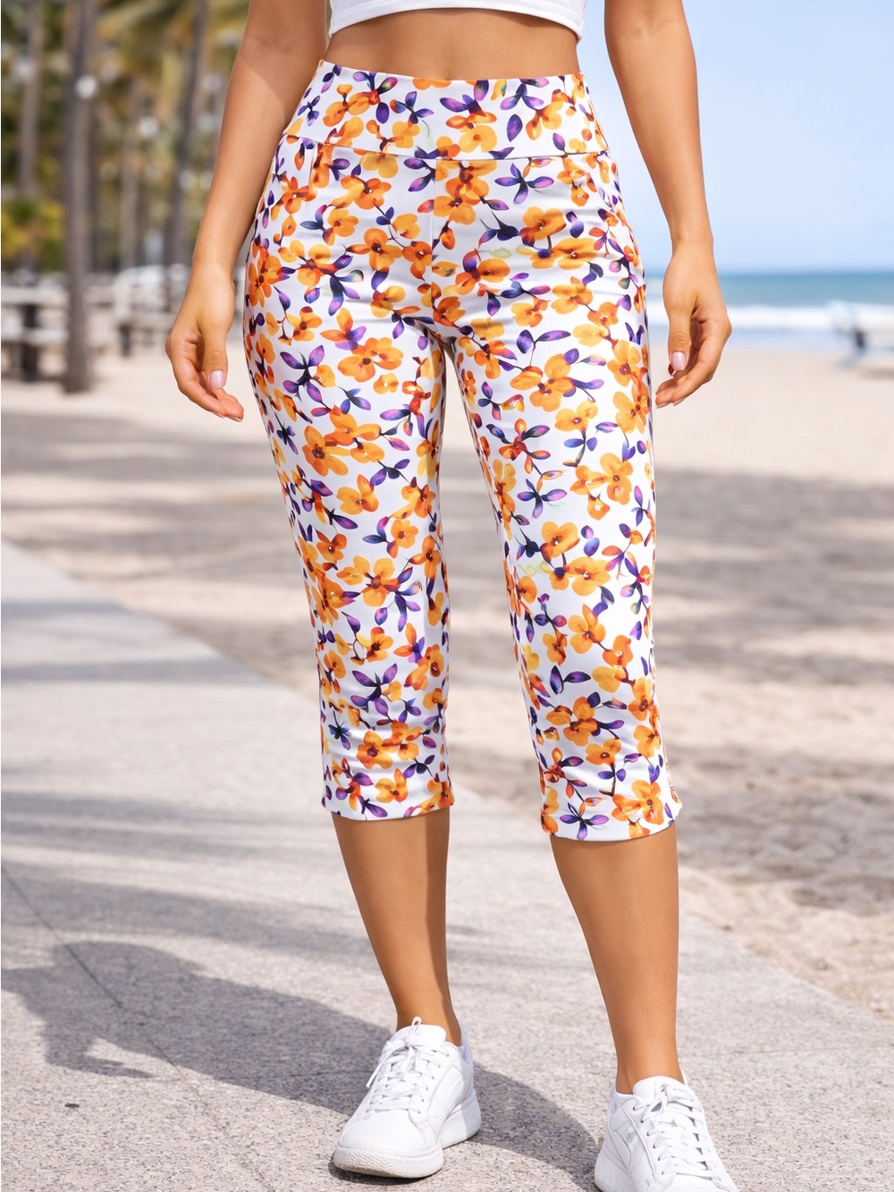 Zac & Rachel White Capri Pants with Orange & Purple Floral Print
